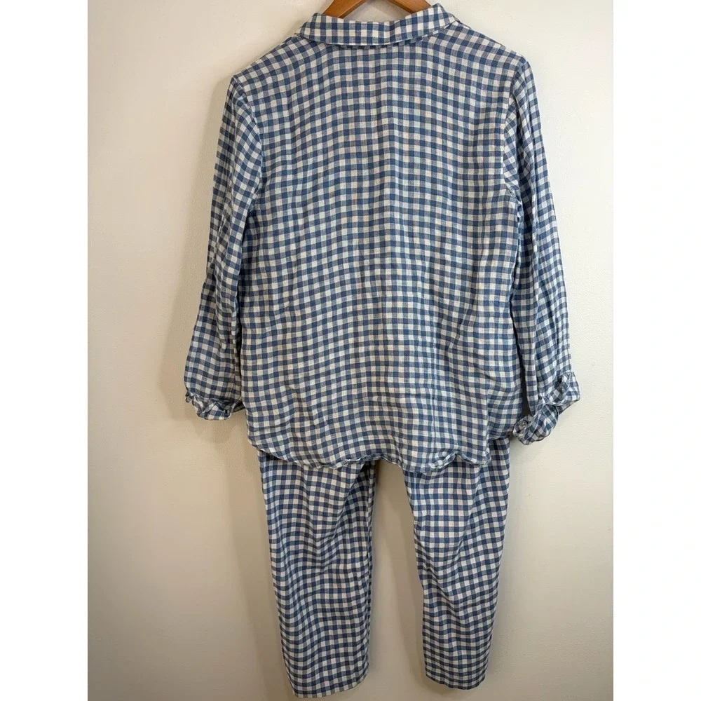J Jill Love Linen Blue Gingham 100% Linen Top & Pants Set Womens M Coastal Lux